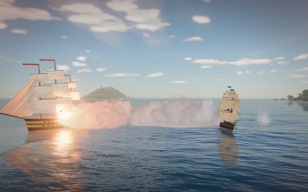 A World Within — a tall ship firing a full broadside on a sunlit sea